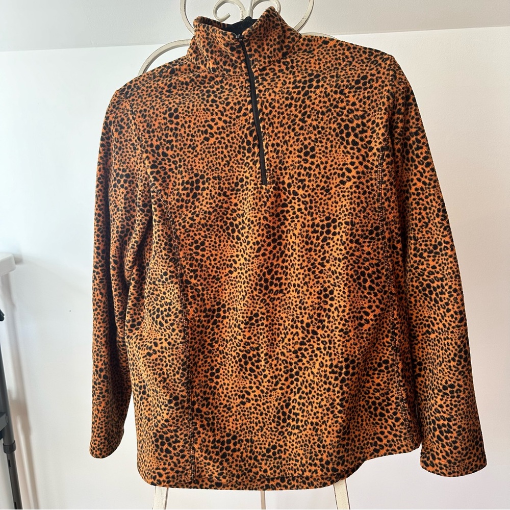 Lands’ End Women’s Fleece Quarter Zip Pullover M Brown Black Animal Print